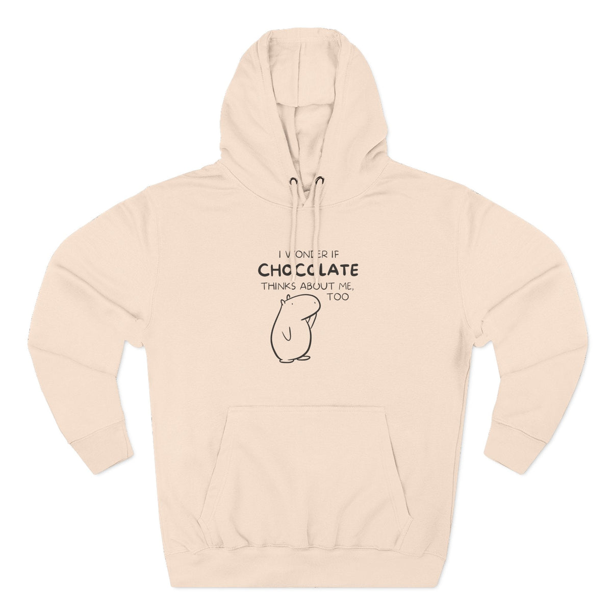 Capy Life premium beige hoodie featuring Gene the Capybara line art and the text I wonder if chocolate thinks about me