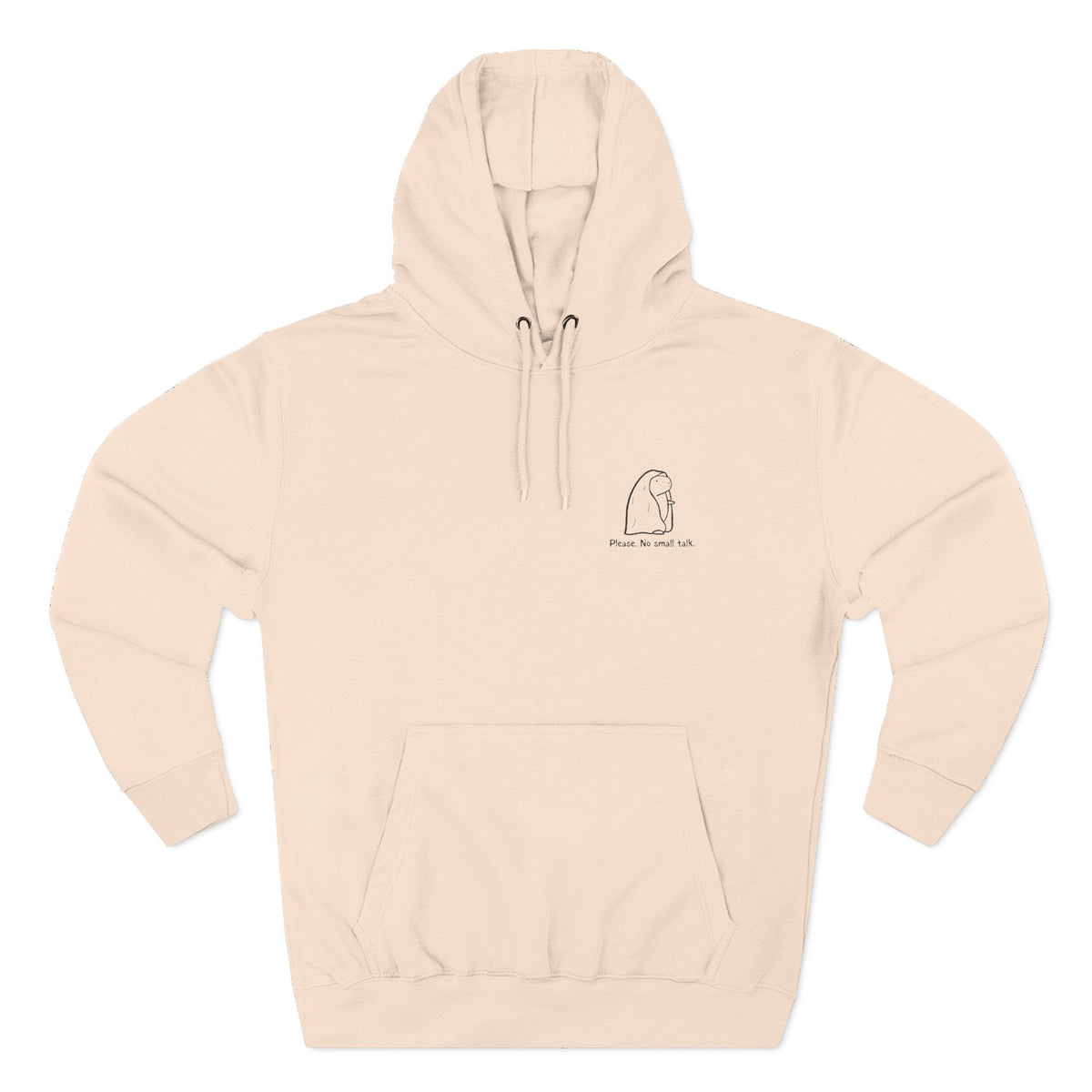 Capy Life neutral beige hoodie with minimalist embroidered capybara design and Please, No Small Talk text