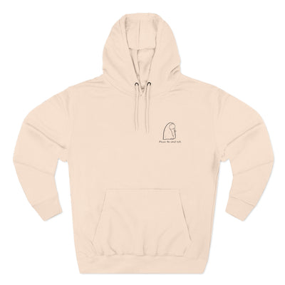Capy Life neutral beige hoodie with minimalist embroidered capybara design and Please, No Small Talk text