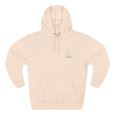 Capy Life beige premium fleece hoodie featuring a small minimalist embroidered capybara and the text Lolligaggin.