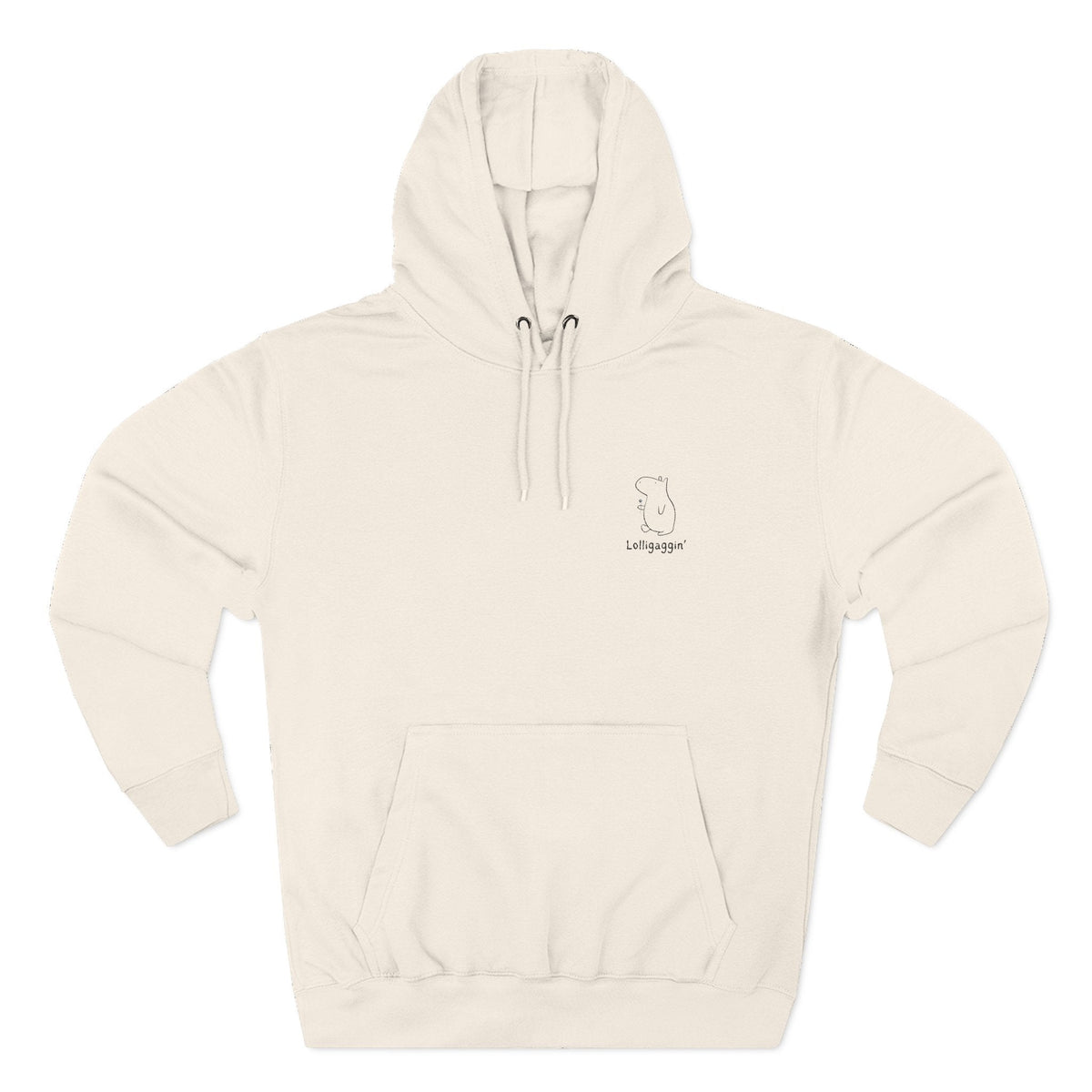 Capy Life beige unisex hoodie featuring a minimalist embroidered capybara and the text Lolligaggin on the chest.