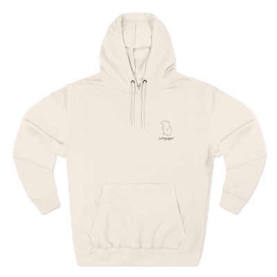 Capy Life beige unisex hoodie featuring a minimalist embroidered capybara and the text Lolligaggin on the chest.