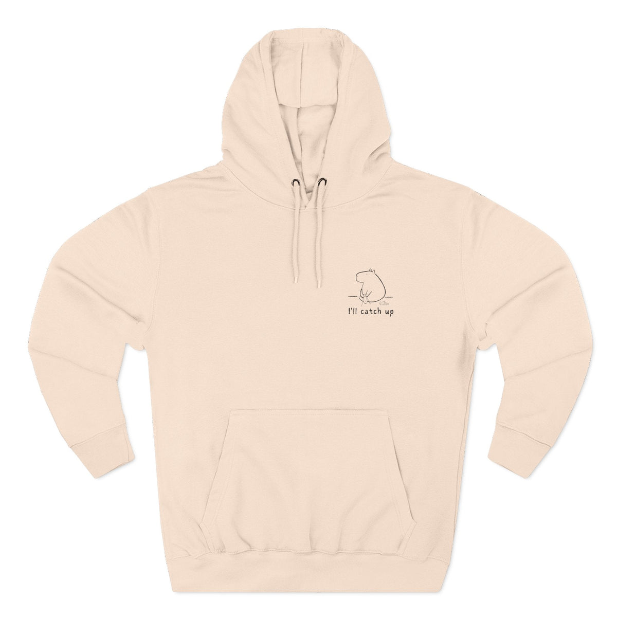 Capy Life beige unisex hoodie featuring a small minimalist embroidered capybara and the text I'll catch up on the chest.