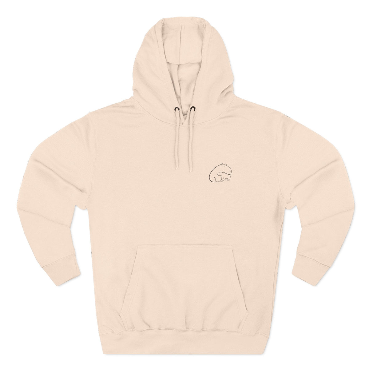 Capy Life minimalist beige hoodie featuring a small embroidered line art design of a mother capybara and her baby.