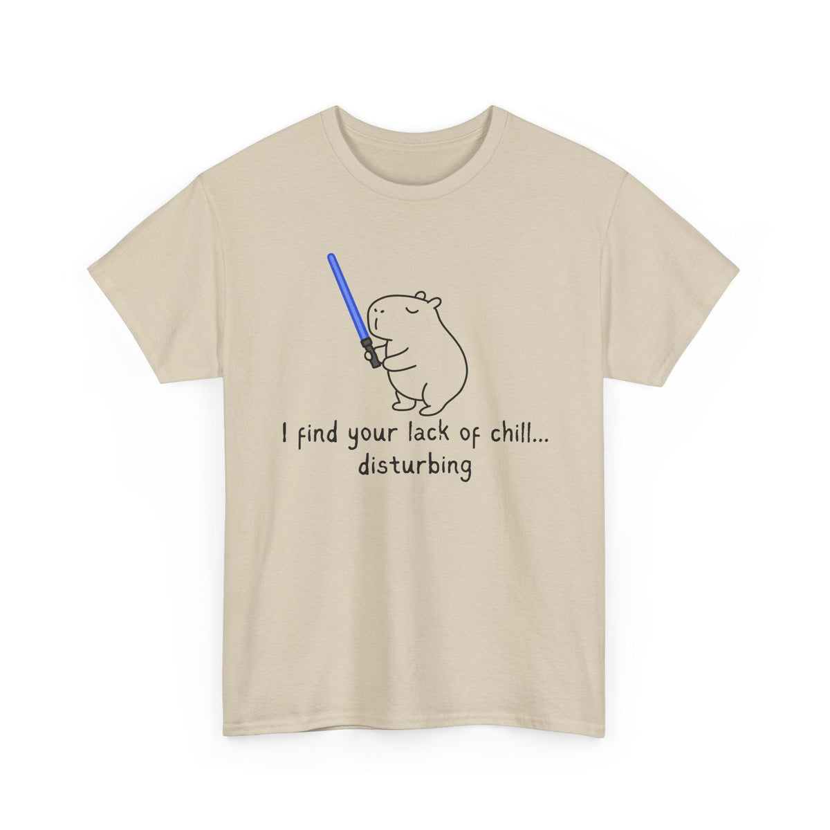 Capy Life beige cotton t-shirt featuring a hand-drawn capybara holding a blue lightsaber with funny text.
