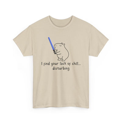 Capy Life beige cotton t-shirt featuring a hand-drawn capybara holding a blue lightsaber with funny text.