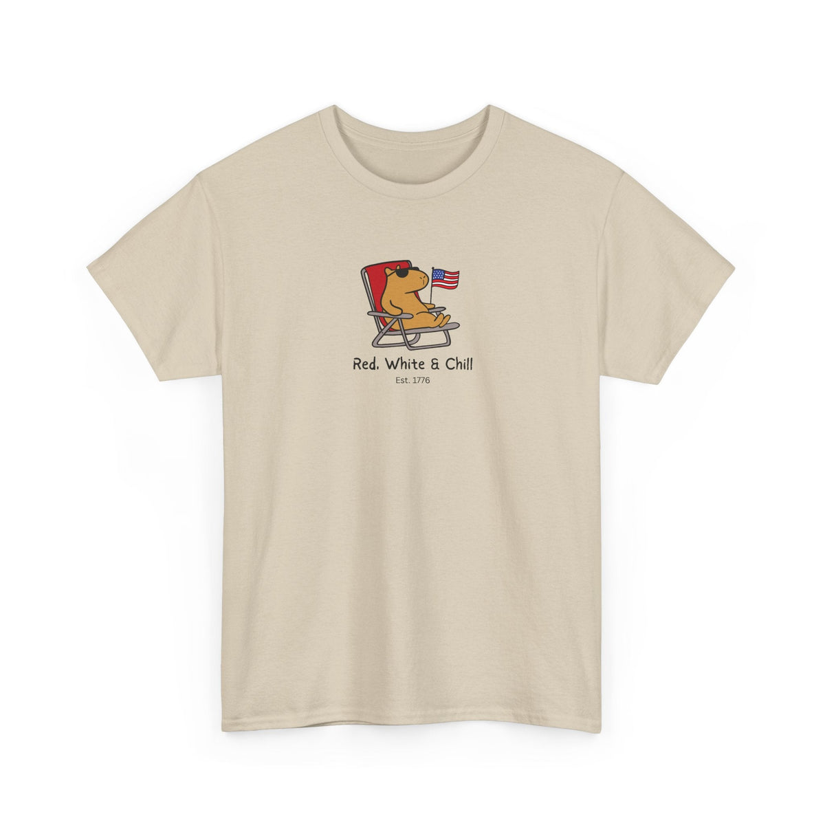 Capy Life beige unisex t-shirt featuring a graphic of a capybara in a chair with an American flag and patriotic text.
