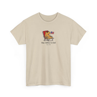 Capy Life beige unisex t-shirt featuring a graphic of a capybara in a chair with an American flag and patriotic text.