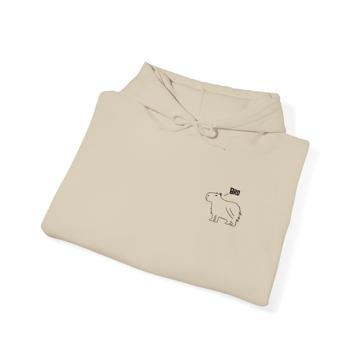 Capy Life beige hoodie featuring minimalist black embroidered capybara design with the word Bro on the chest.