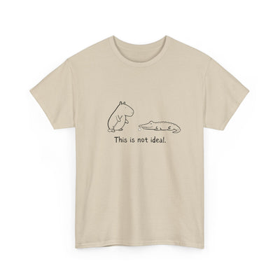 Capy Life beige heavy cotton t-shirt featuring a minimalist line drawing of a capybara and alligator on a golf course.