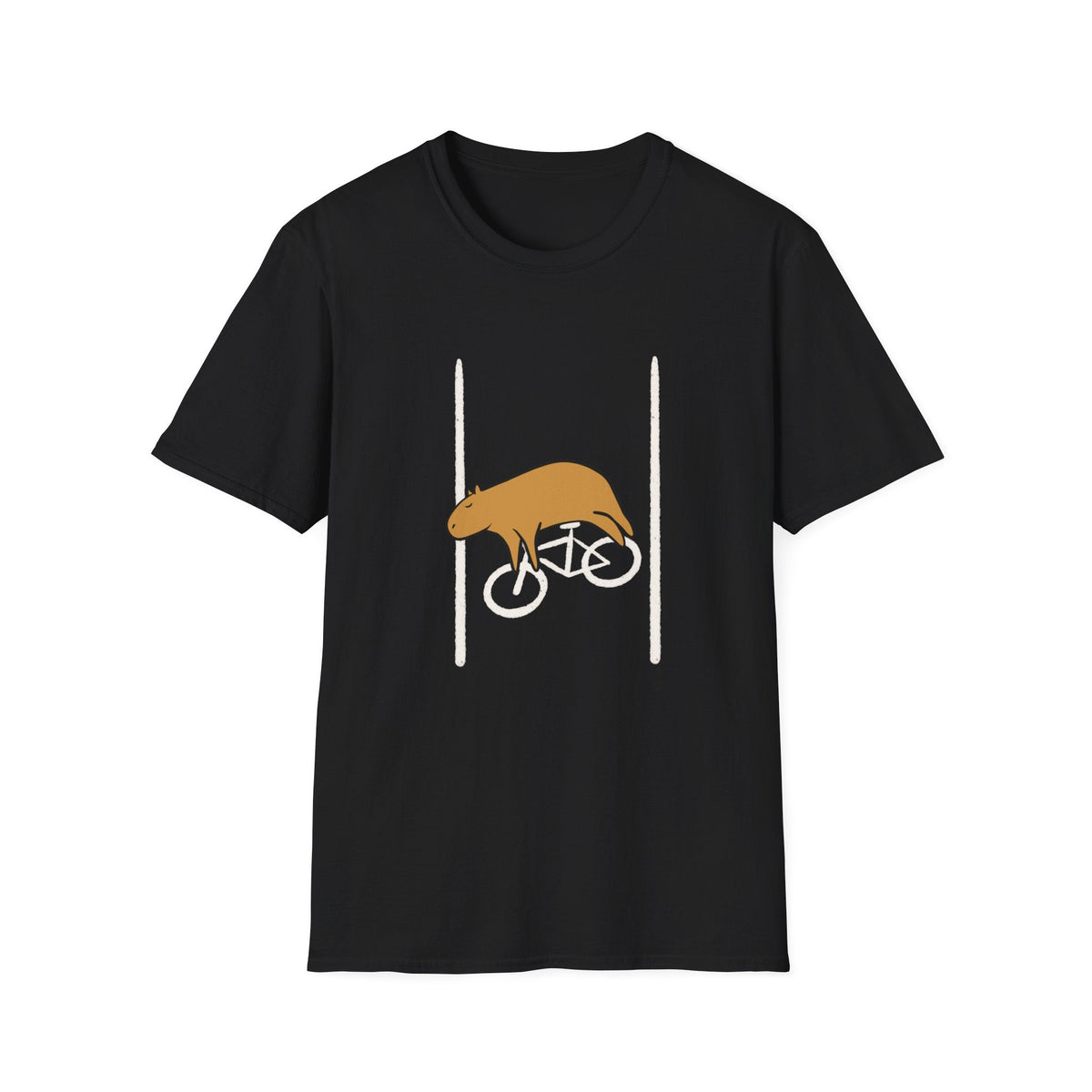 Capy Life black softstyle t-shirt featuring a graphic of an exhausted capybara sprawled across a bicycle in a bike lane.