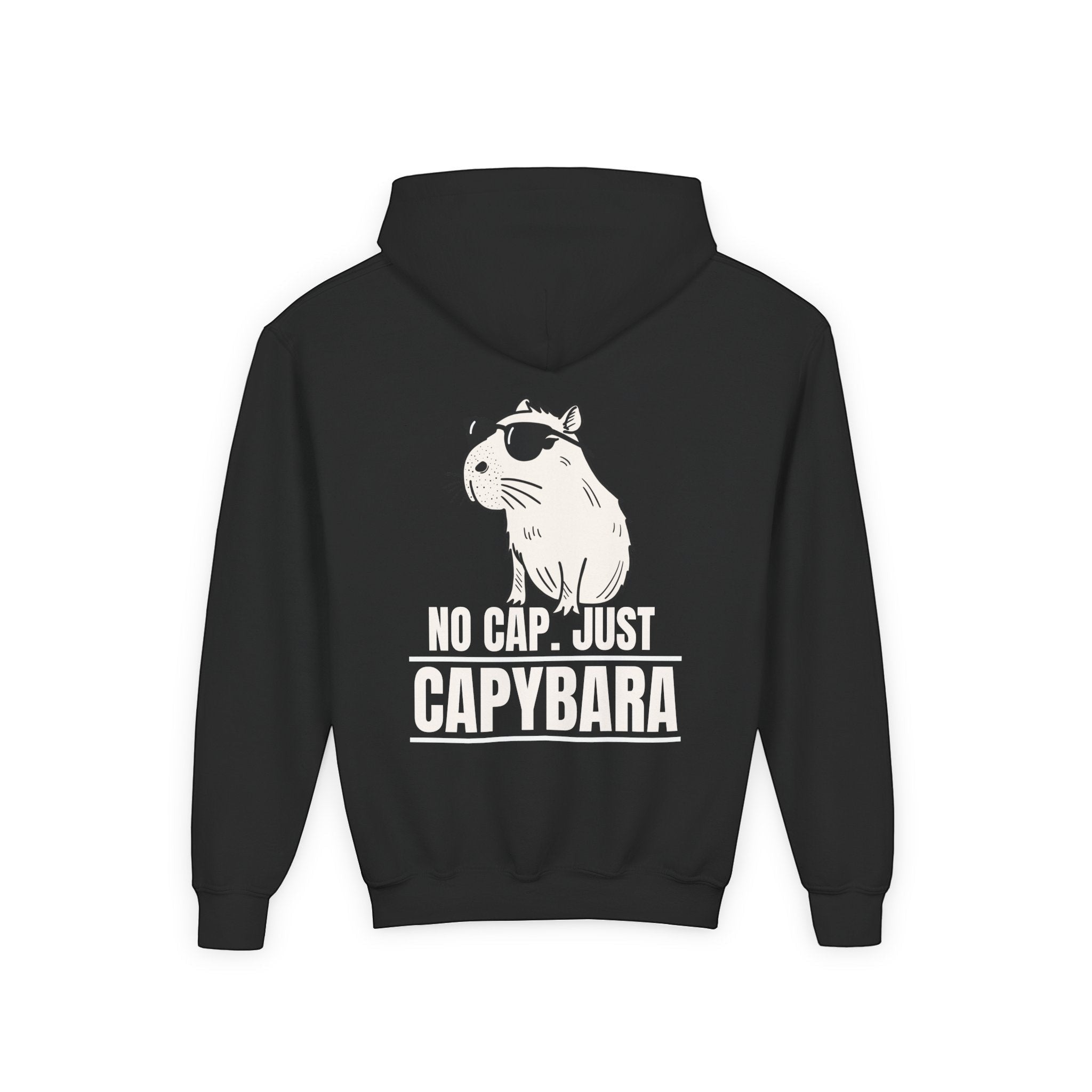 Capy Life kids black hoodie featuring a back graphic of a cool capybara wearing sunglasses with the text No Cap Just Capybara