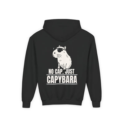 Capy Life kids black hoodie featuring a back graphic of a cool capybara wearing sunglasses with the text No Cap Just Capybara