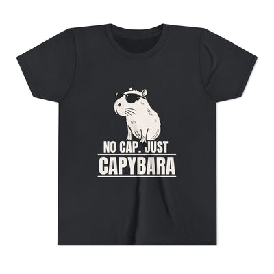 Capy Life youth black cotton t-shirt featuring a graphic of a cool capybara wearing sunglasses with text No Cap.