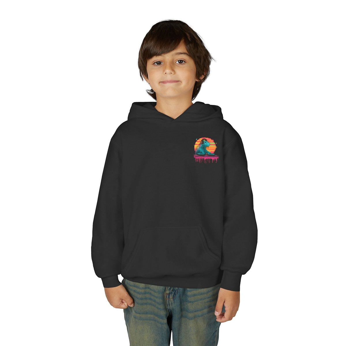 Capy Life kids black hoodie featuring a small DJ capybara graphic on the chest, worn by a young boy.