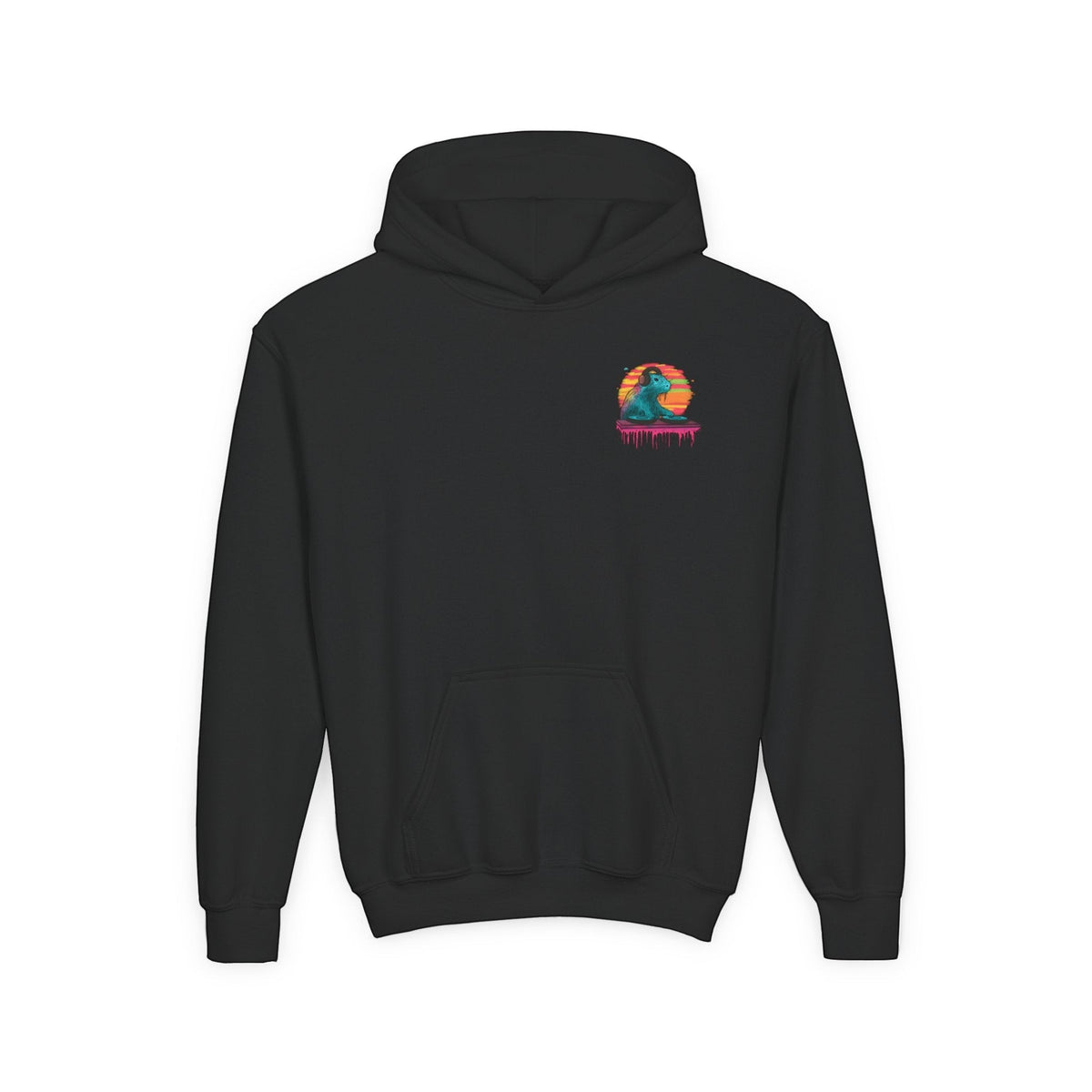 Capy Life black kids hoodie featuring a small DJ capybara graphic on the chest with a sunset background