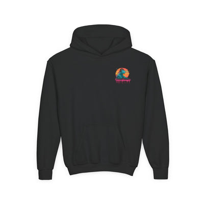 Capy Life black kids hoodie featuring a small DJ capybara graphic on the chest with a sunset background