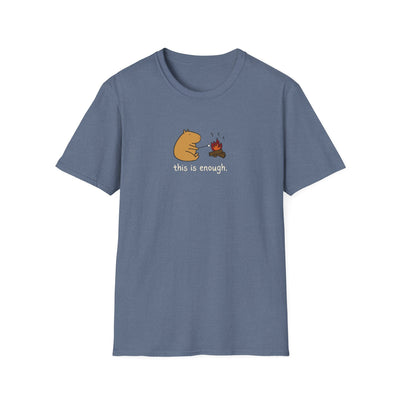 Capy Life blue softstyle t-shirt featuring a capybara roasting a marshmallow by a campfire with text This is enough.