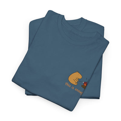 Capy Life blue heavyweight cotton t-shirt with a small capybara roasting a marshmallow at a campfire on the chest.