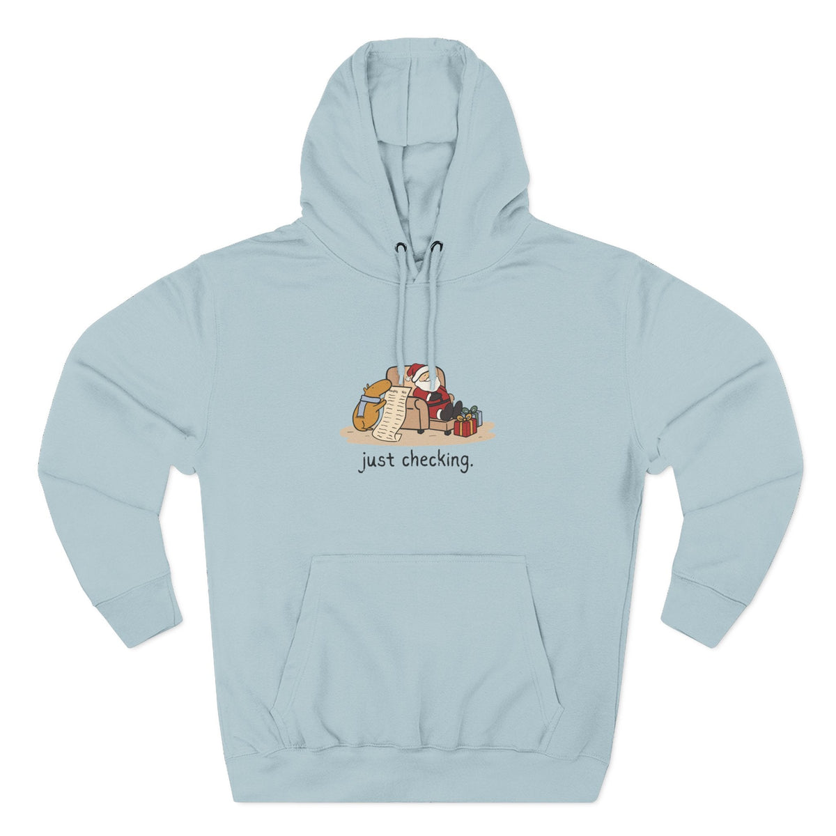 Capy Life light blue pullover hoodie featuring a graphic of a capybara checking Santa's naughty or nice list.