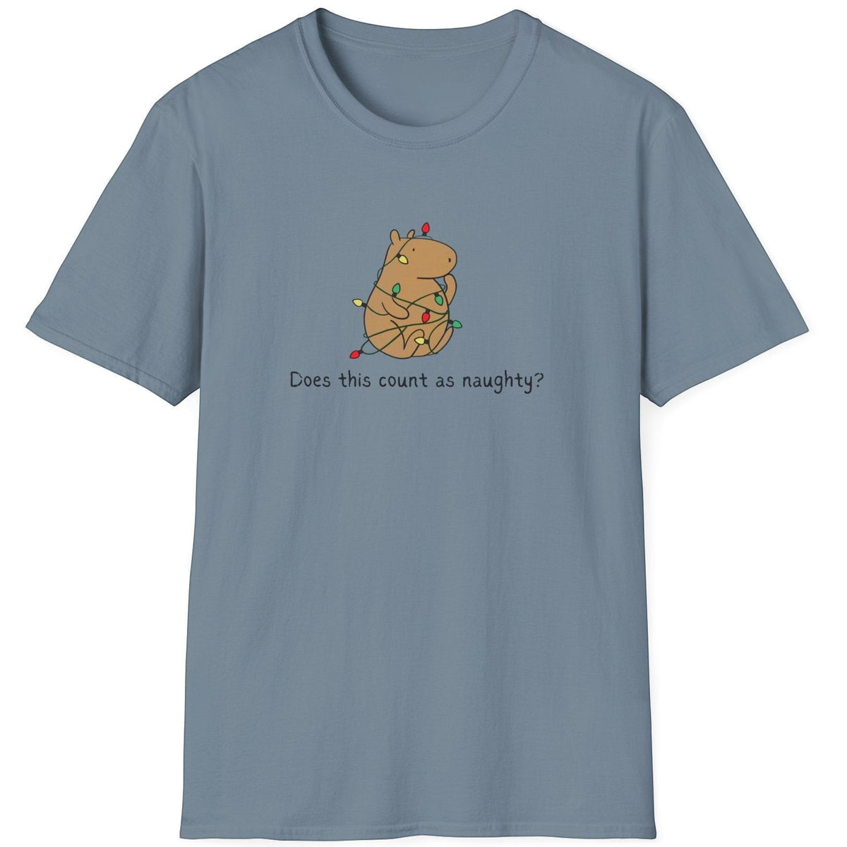 Capy Life softstyle t-shirt in blue featuring a hand-drawn capybara tangled in colorful Christmas lights.