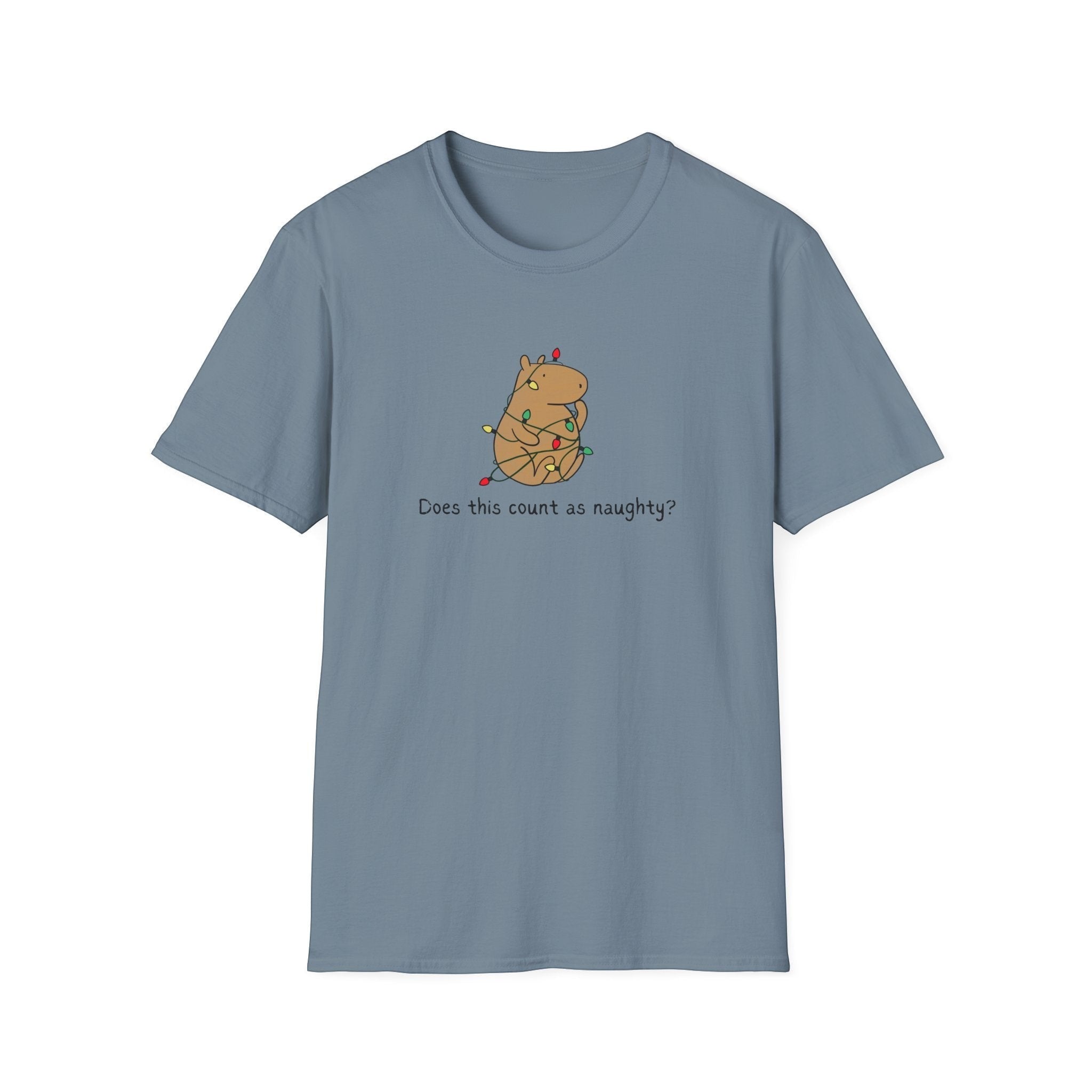 Capy Life softstyle t-shirt in blue featuring a hand-drawn capybara tangled in colorful Christmas lights.