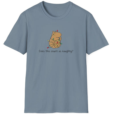 Capy Life softstyle t-shirt in blue featuring a hand-drawn capybara tangled in colorful Christmas lights.