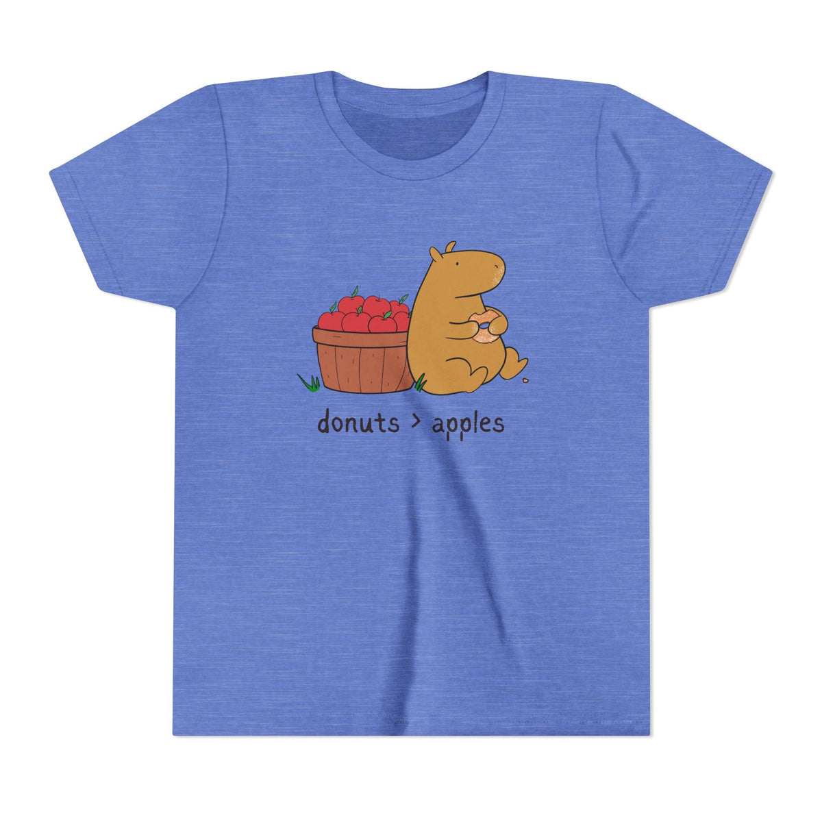 Capy Life blue youth t-shirt featuring a cute capybara eating a cider donut next to a basket of apples.