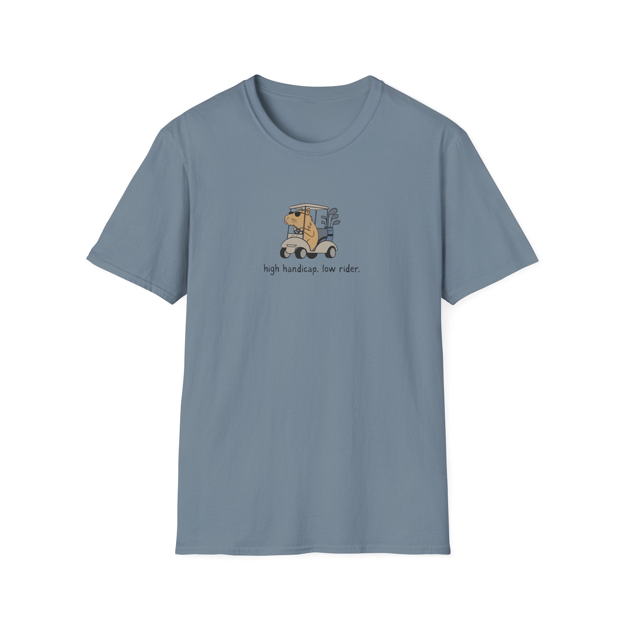 Capy Life blue softstyle t-shirt featuring a funny illustration of a capybara driving a golf cart with golf clubs.