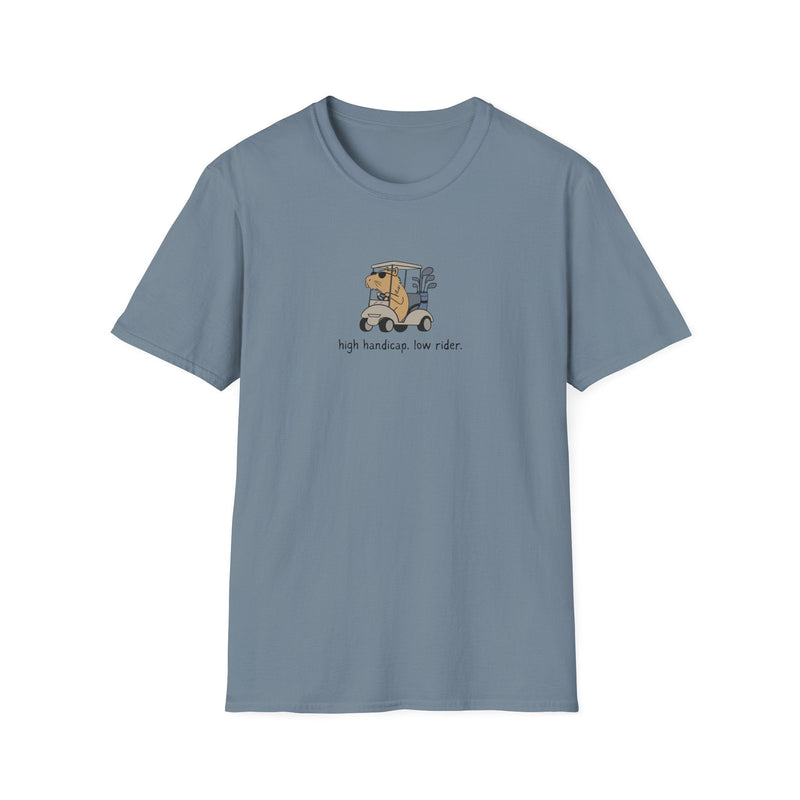 Capy Life blue softstyle t-shirt featuring a funny illustration of a capybara driving a golf cart with golf clubs.