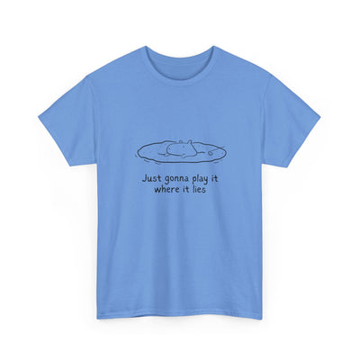 Capy Life light blue heavy cotton t-shirt featuring a minimalist illustration of Gene the Capybara playing golf.