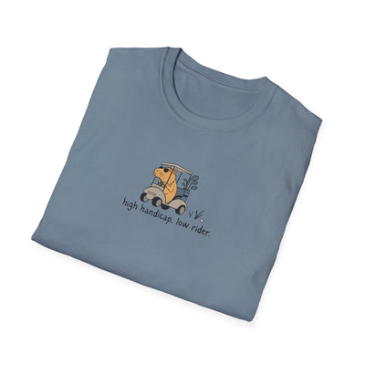 Capy Life blue softstyle golf t-shirt featuring a capybara driving a golf cart with the text high handicap low rider