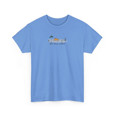 Capy Life blue heavy cotton t-shirt featuring a cute capybara in a water hazard with the text don't worry i found it