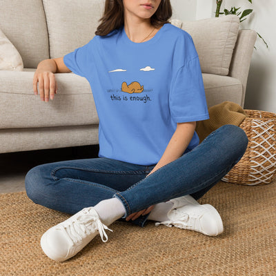 Capy Life softstyle blue t-shirt featuring a capybara illustration with the text This Is Enough worn by a woman