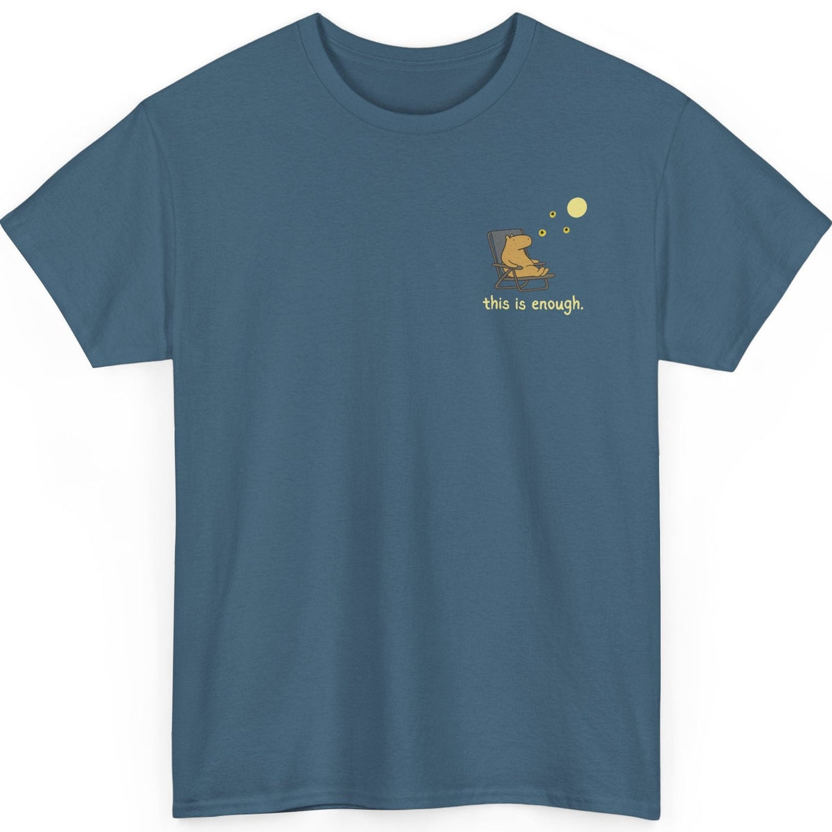Capy Life heavyweight blue tee with a minimalist left chest graphic of a capybara relaxing under the moon.
