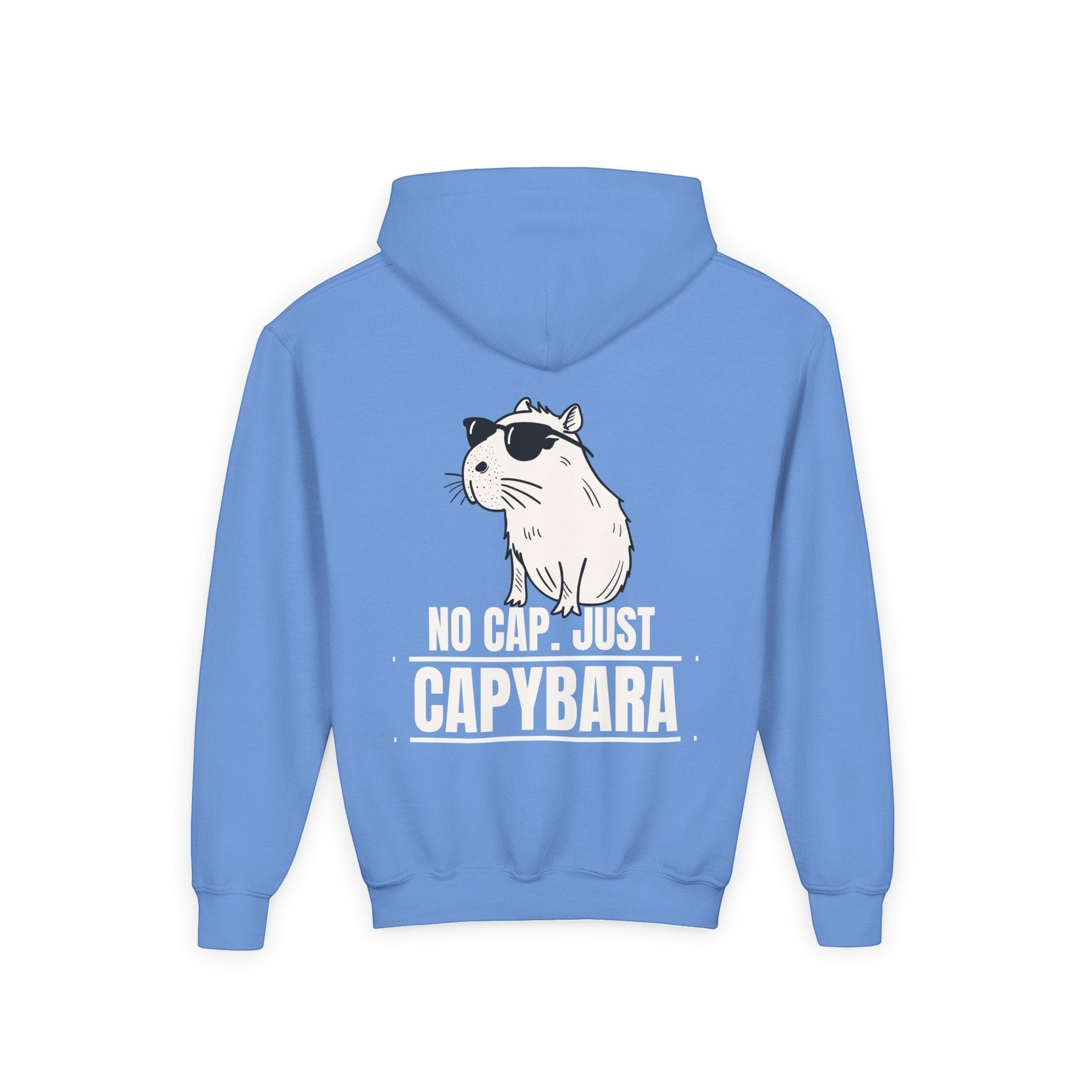 Capy Life kids hoodie in blue featuring a back graphic of a cool capybara wearing sunglasses with the text No Cap Just Capybara