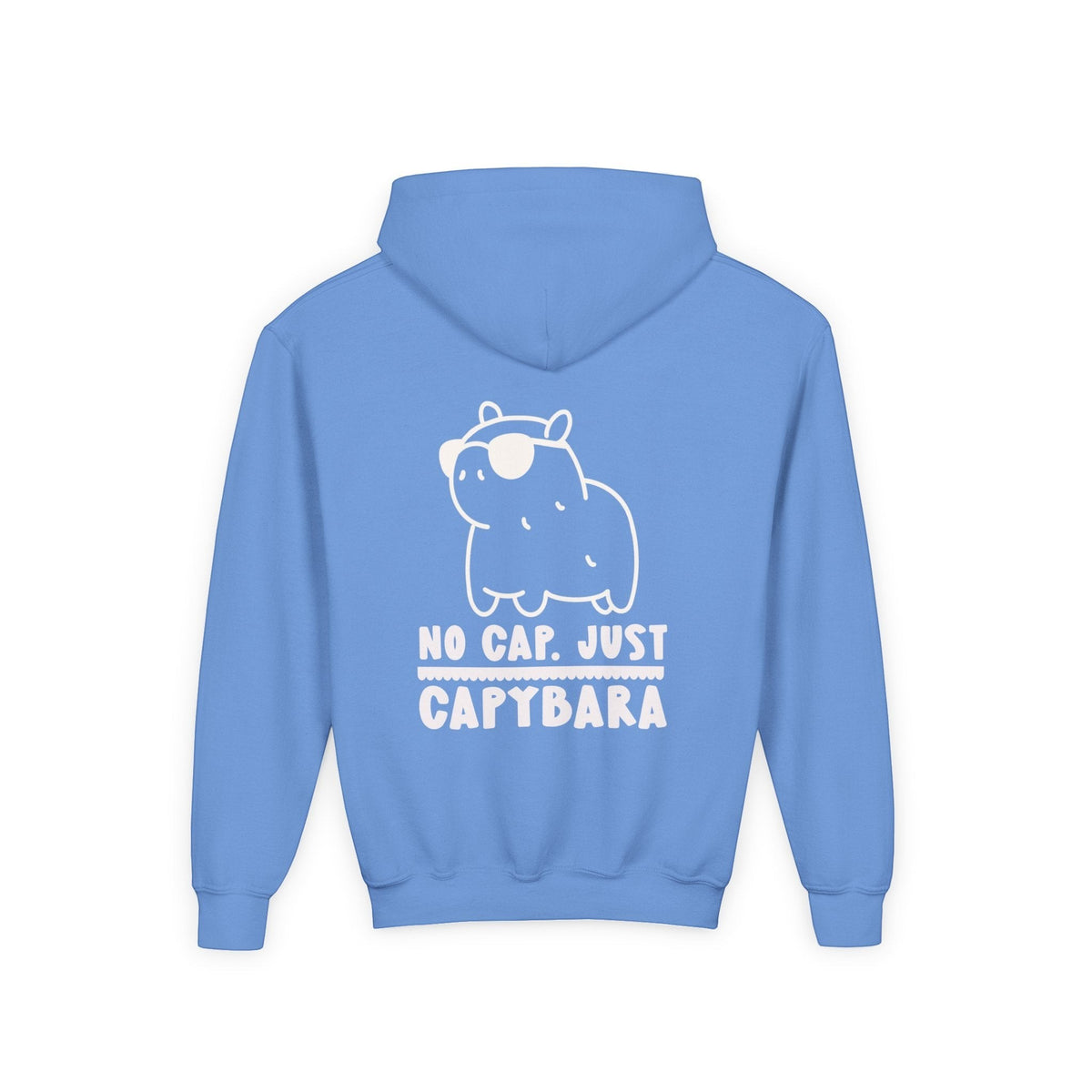Capy Life blue kids hoodie featuring a back graphic of a chill capybara wearing sunglasses with No Cap Just Capybara