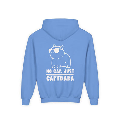 Capy Life blue kids hoodie featuring a back graphic of a chill capybara wearing sunglasses with No Cap Just Capybara