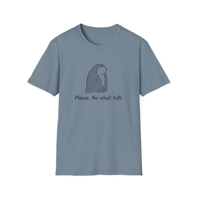 Capy Life blue softstyle t-shirt featuring a cute capybara graphic and the text Please. No small talk.
