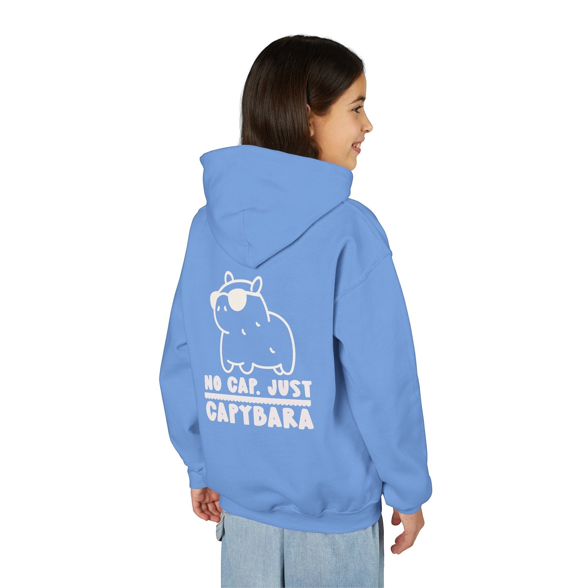 Capy Life kids blue hoodie featuring a back graphic of a chill capybara wearing sunglasses with the text No Cap Just Capybara