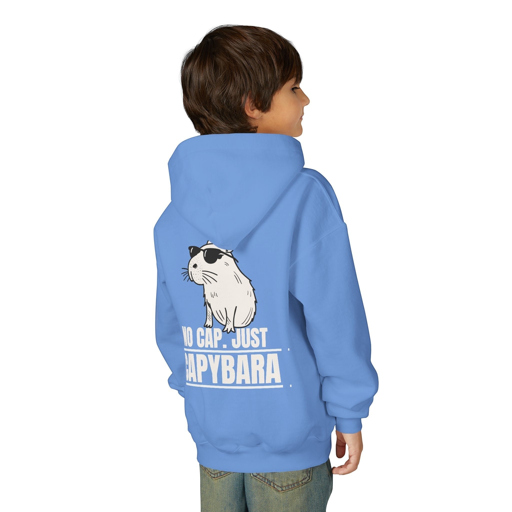 Child wearing a blue Capy Life hoodie with a back graphic of a capybara in sunglasses and the text No Cap Just Capybara