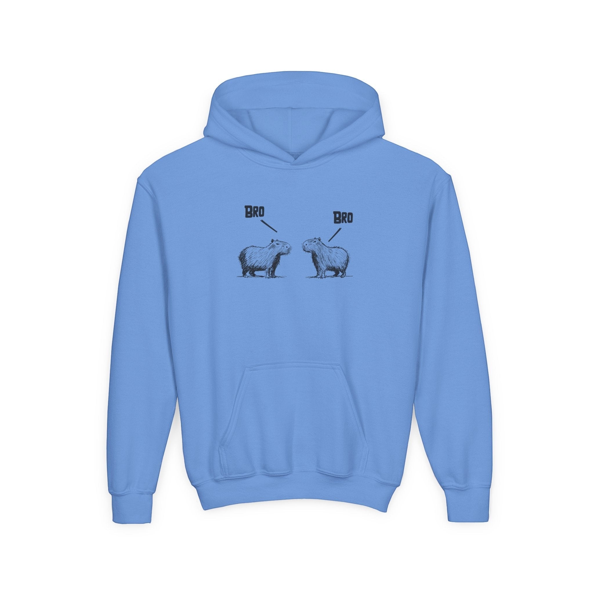 Capy Life light blue kids hoodie featuring a sketch-style graphic of two capybaras saying Bro to each other.