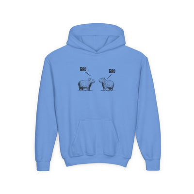 Capy Life light blue kids hoodie featuring a sketch-style graphic of two capybaras saying Bro to each other.