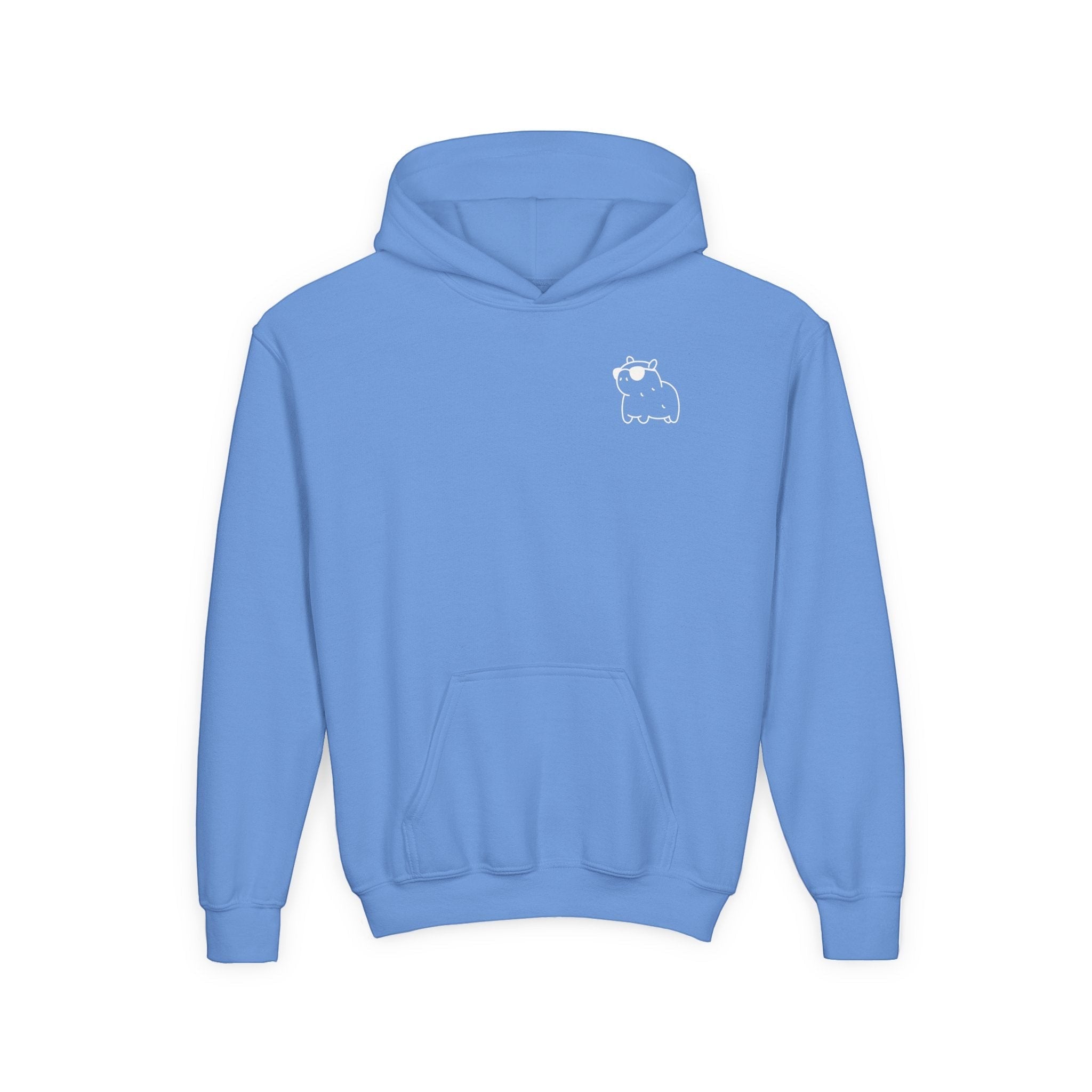 Capy Life light blue cotton-blend kids hoodie featuring a small white line-art capybara graphic on the chest.