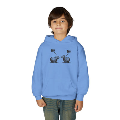 A young boy wearing a light blue Capy Life kids hoodie featuring a funny sketch of two capybaras saying Bro.