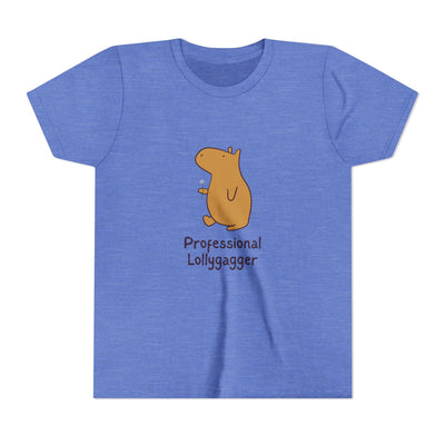 Capy Life blue kids t-shirt featuring a hand-drawn capybara illustration and the text Professional Lollygagger.