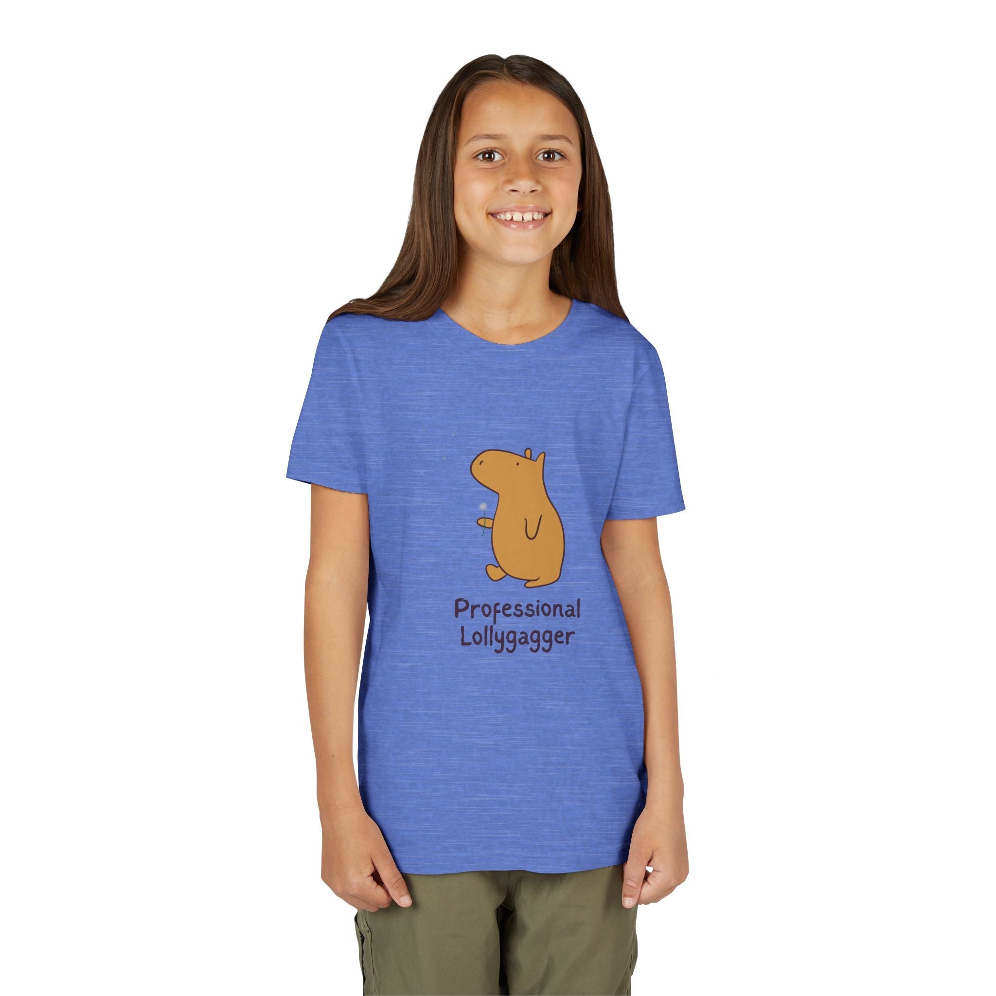 Capy Life blue kids t-shirt featuring a cute hand-drawn capybara graphic and the text Professional Lollygagger