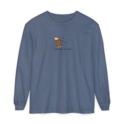 Capy Life blue long sleeve tee featuring a cute capybara in a brown sweater with the text sweater weather