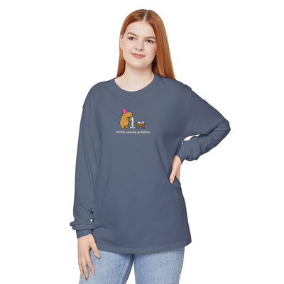 Capy Life long sleeve tee in blue with a funny capybara wearing a pink top hat and the text politely causing problems