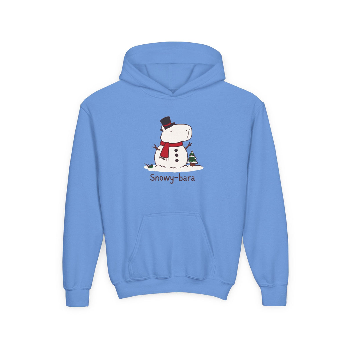 Capy Life blue kids hoodie featuring a cute Snowy-bara capybara snowman illustration with a red scarf and top hat.